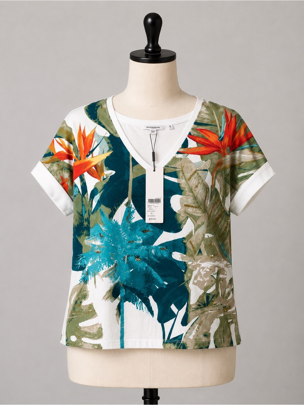 Chico's White Tropical V-Neck Short Sleeve Top with Teal & Orange Print